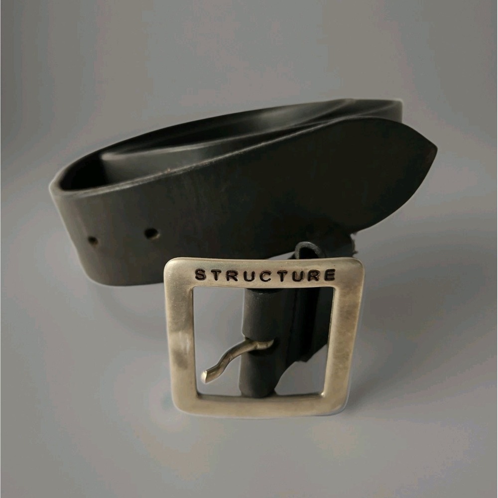 Vintage 90s Structure Men 42" Deep Brown Leather Belt Silver Square Logo Buckle